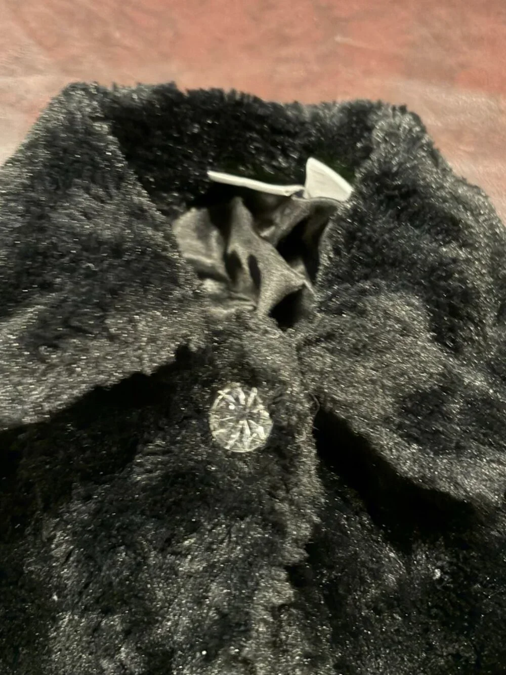 Koala Baby cropped black faux fur jacket with one button, size 9 months